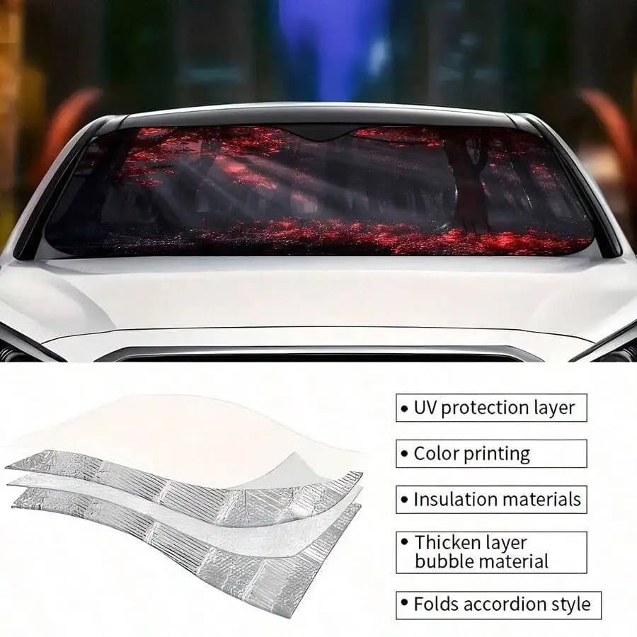 Car Windshield Sunshade With Red Forest Print Polyester Material UV Protection Foldable Accordion Design