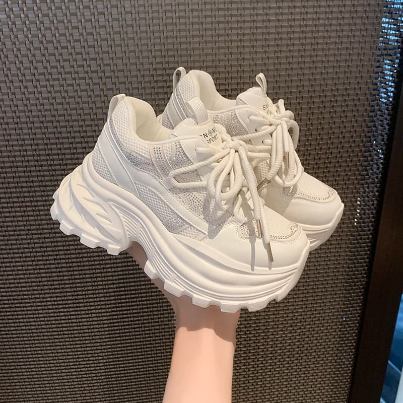 New Women's Chunky sneakers with 8.5 CM Hidden Wedge, Casual Shoes with Luccicants Strass, Mesh Breathable Sports Shoes