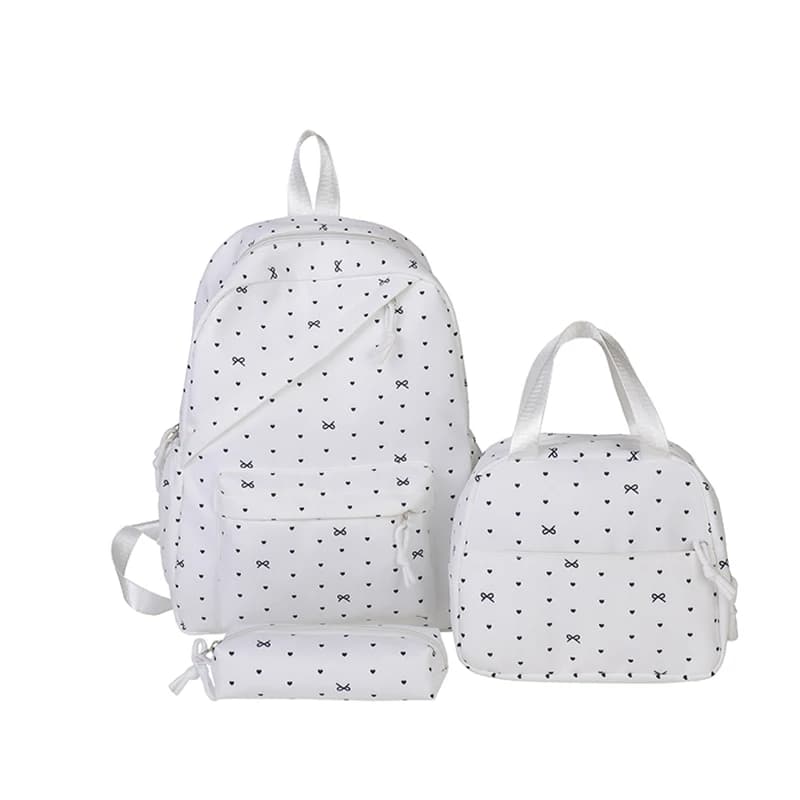 3Pcs Nylon Polka Dot Bow Backpack with Lunch Box and Pencil Case Travel Bag Sets Large Capacity for Teens Women Women