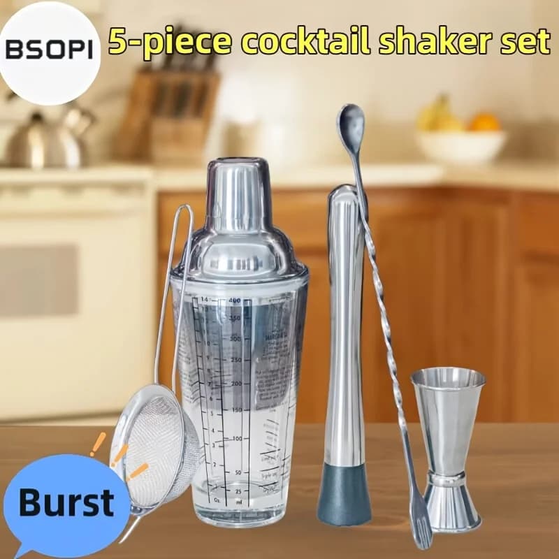Set da 5 shaker per cocktail in acciaio inossidabile da bar, set di shaker per strumenti per miscelare cocktail in vetro da 400 ml, cocktail domestico, succhi e altri set