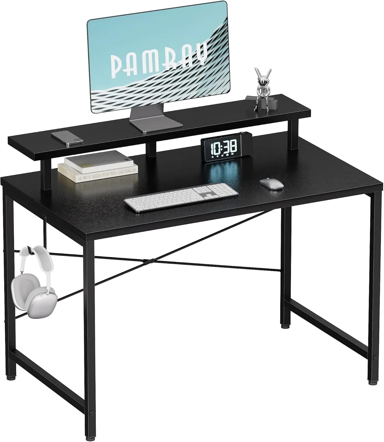 Scrivania Compatta da 32 Pollici con Supporto Monitor e Gancio per Cuffie, Tavolo Multifunzionale per Ufficio e Studio per Piccoli Spazi, Nero