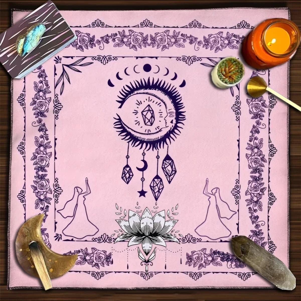 Tovaglia per carte dei tarocchi rosa per diffusione Panno da lettura dei tarocchi Amore Rosa Fiore Luna Tarocchi Tappetino per carte oracolo spirituale Decorazione dell'altare