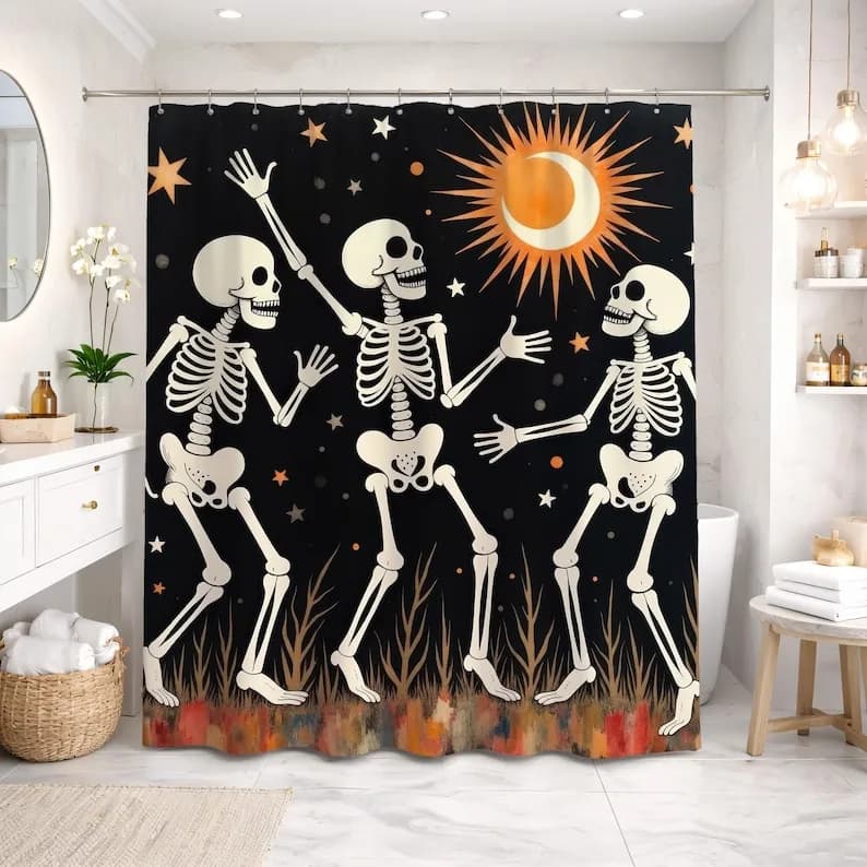 Spooky Shower Curtain, Halloween Bath Curtain, Black Retro, Folk Art Skeleton Decor