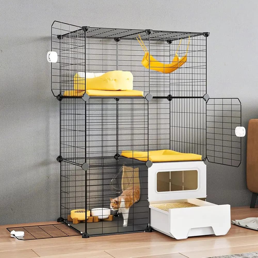 Gabbia per gatti da interno con lettiera Box Box per gatti fai da te a 3 livelli Cassetta per cuccia in filo metallico staccabile Ampio posto di esercizi Ideale o 1-2 Kitt