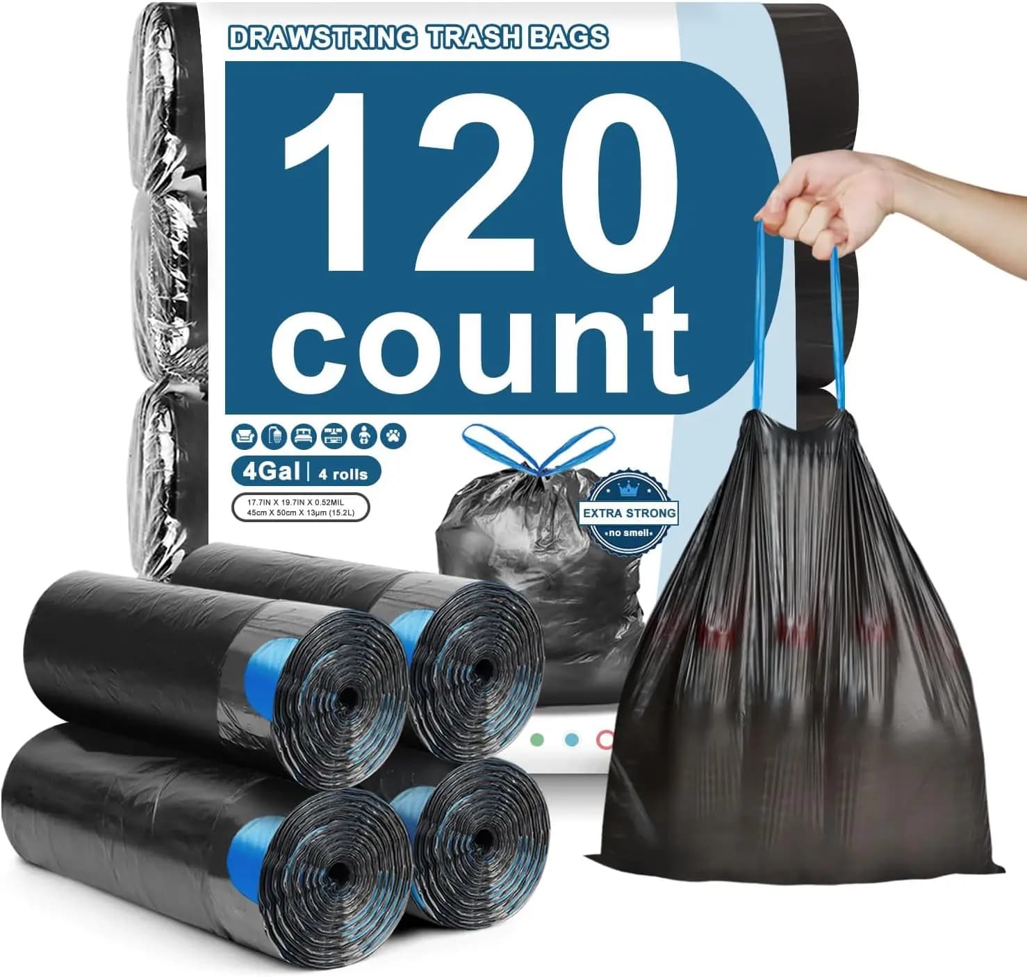 120 Count-4 Gallon Trash Bags Drawstring, Black Small Garbage Bags, Unscented Trash Can Liners, Strong Wastebasket Liner for Bat
