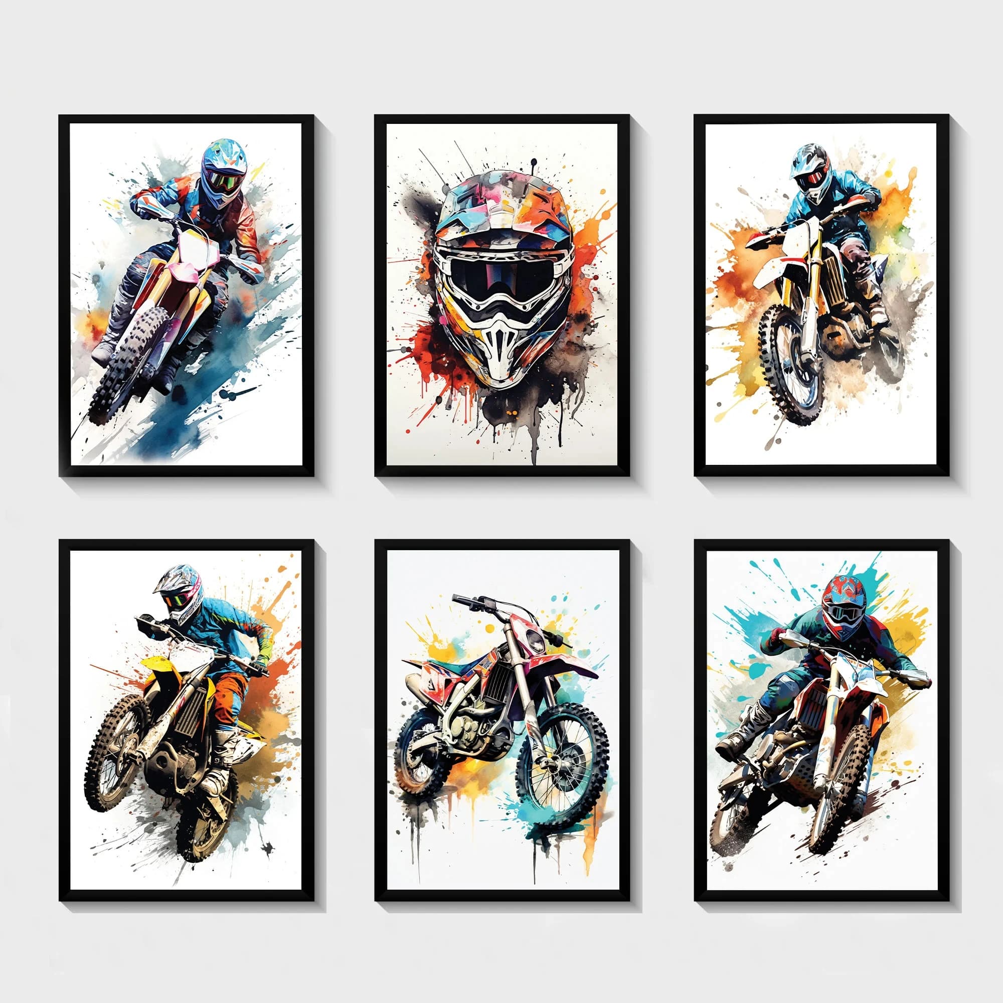 Acquerello Dirt Splash Bike Amante del motociclo Casco Poster e stampe Stampa su tela Immagine di arte della parete per l'arredamento del soggiorno
