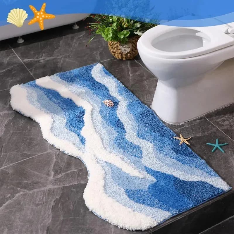 Tappetino da bagno VIKAMA Ocean Wave, design a strisce blu e bianche con conchiglie e conchiglie marine, tappeto da bagno morbido e antiscivolo, decorazione per la casa