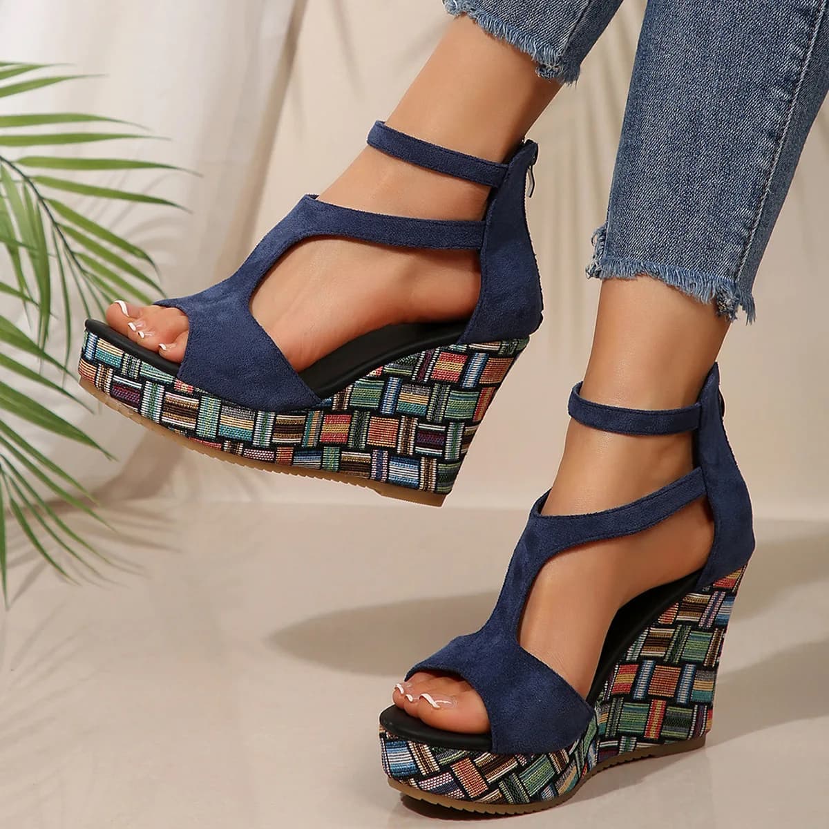 Sandali con tacco alto e punta aperta taglie forti da donna, con zeppa spessa, fibbia a cinturino singolo, suola in iuta, eleganti per l'Islam