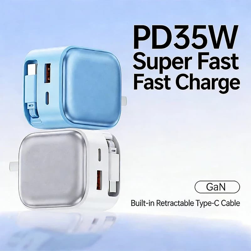 Caricabatterie rapido GaN PD da 35 W con cavo retrattile, adattatore da viaggio a 3 porte Type-C + USB-A per iPhone, laptop, serie Galaxy