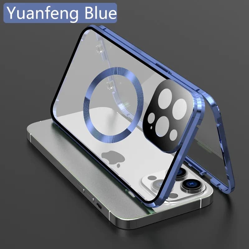 Custodia per telefono per IPhone 12 13 14 15 16 Pro Max 16E 360 ° con lente Protezione completa Montatura magnetica in metallo + copertura in vetro bifacciale