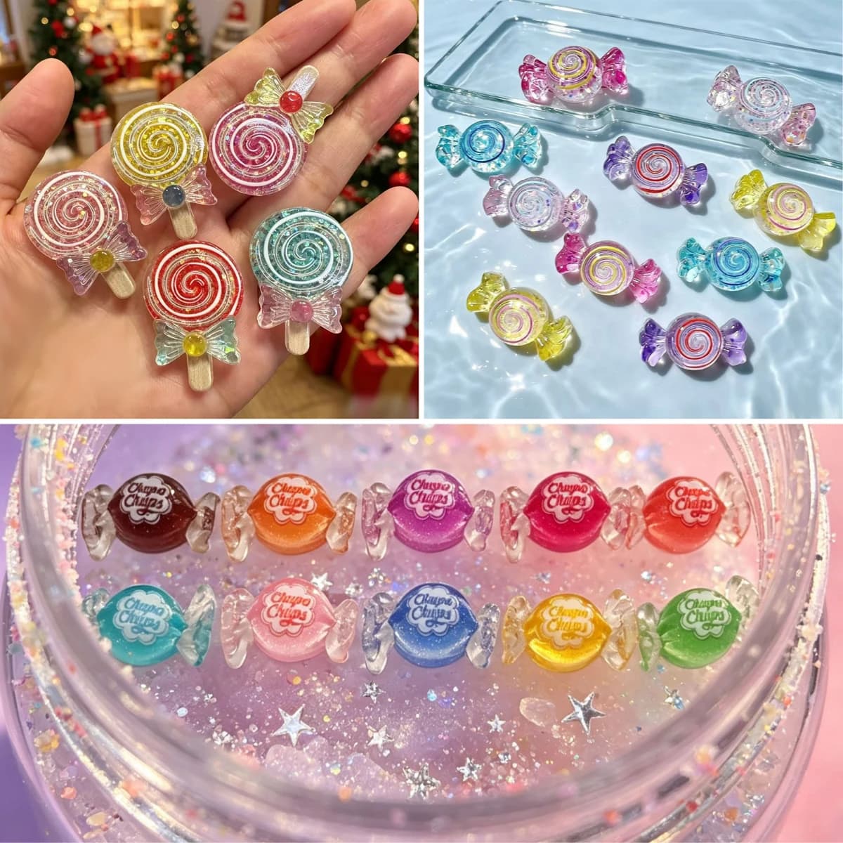 100pcs Cute Simulation Glitter Candy Lollipop Resin Flatback Cabochon DIY for Phone Case Hairpin Keychain Earrings Scrapbook