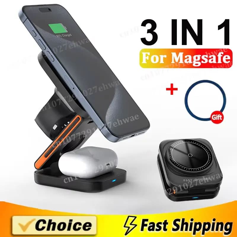 Foldable Charging Station 3 in 1 Quick Magnetic Wireless Charger for iPhone 17 16 15 14 13 12 Apple Watch 8 7 6 Airpods Pro