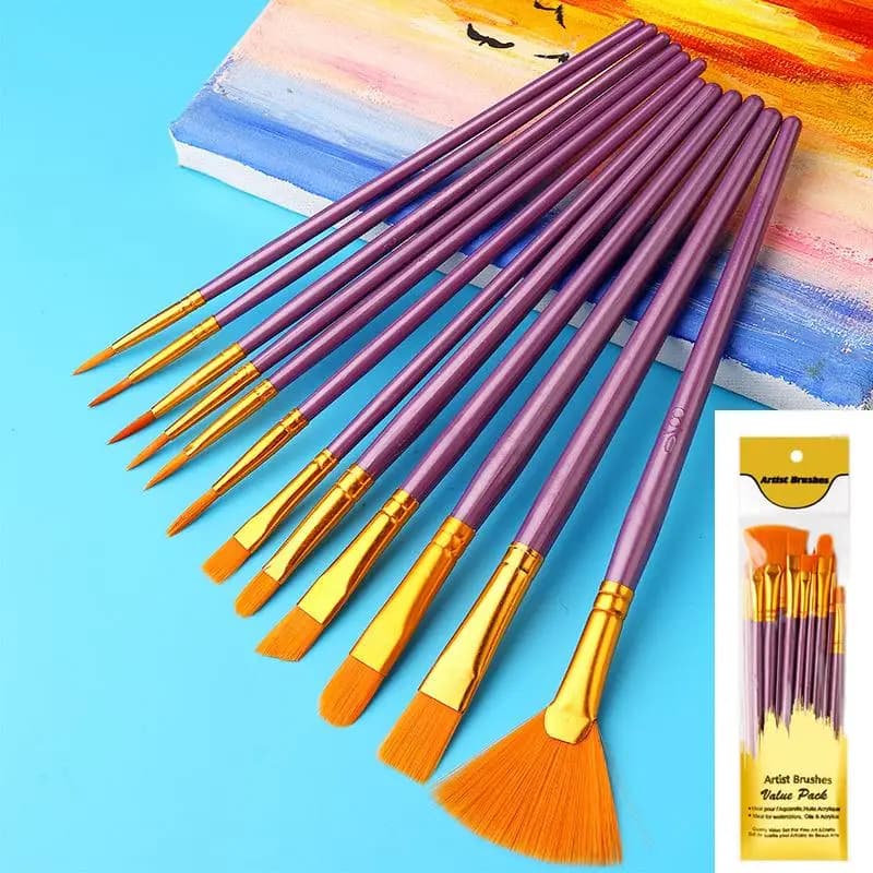 12Pcs Flat Nylon Bristle Brush Set for Watercolor Oil Paint Fabric Painting Ideal for Art Students Hobbyists