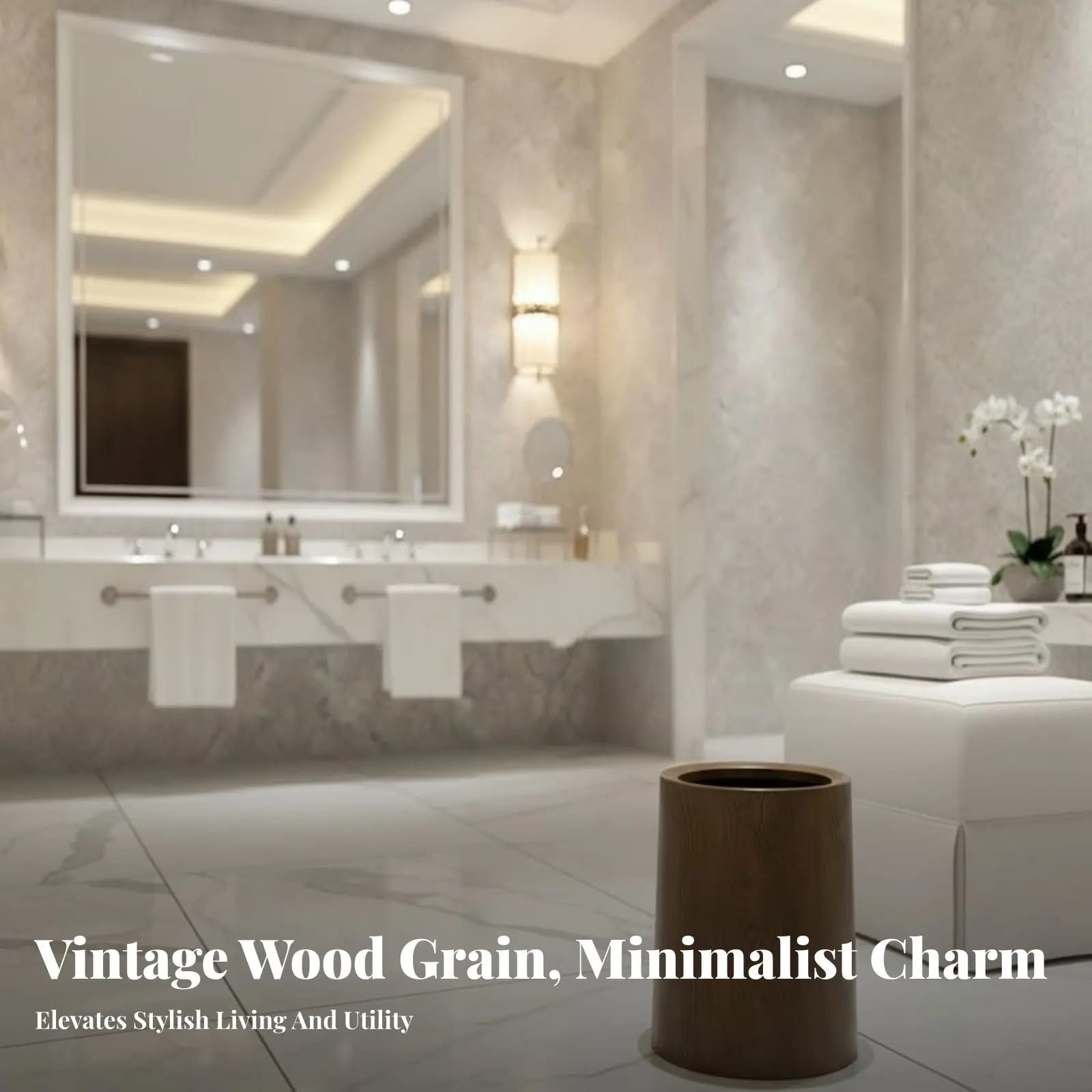 Wood Grain Trash Can Large Capacity Round Garbage Bin with Lid Round Trash Can with Lid Easy to Clean Wood Grain Wastebasket