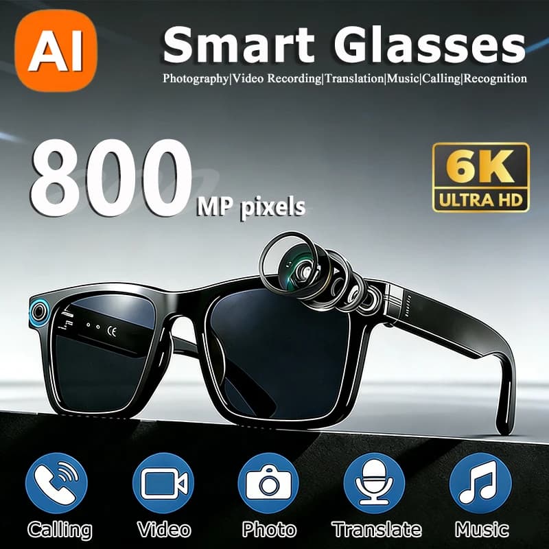 Smart Multifunction Glasses 6K HD AI with Camera 800MP, Bluetooth Calls, Photos, Videos, ChatGPT, Music and Translation