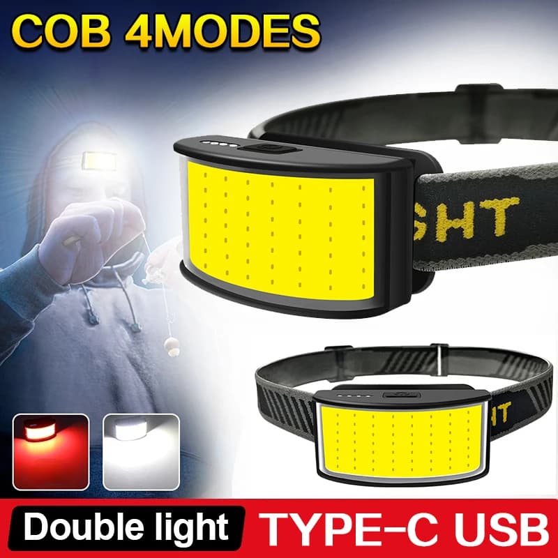 Mini lampada frontale portatile COB Torcia frontale con batteria incorporata 4 modalità Potente faro Lampada frontale da campeggio ricaricabile a luce rossa