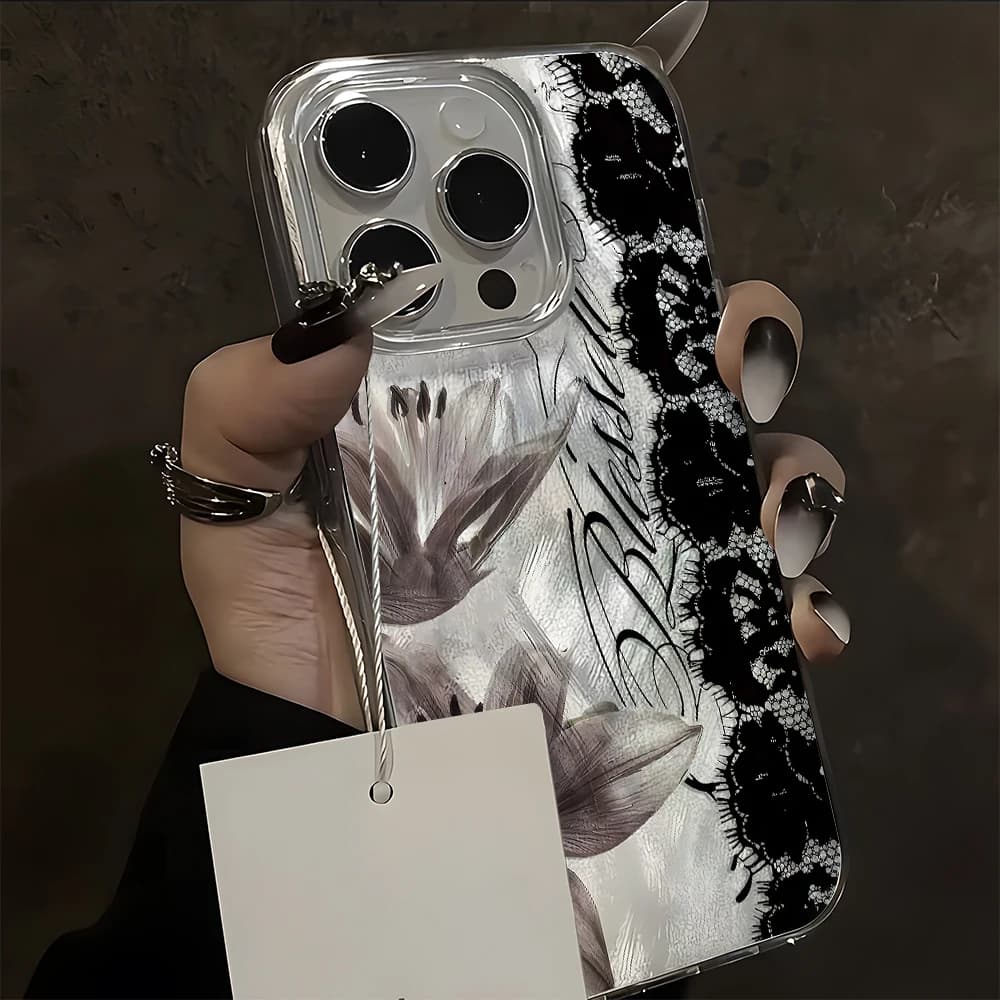 Black Lace And Floral Pattern Phone Case For iPhone 11 12 13 14 15 16 17 Pro Max 14 15 Pro Air X XR XS TPU Silicone Bumper Cover
