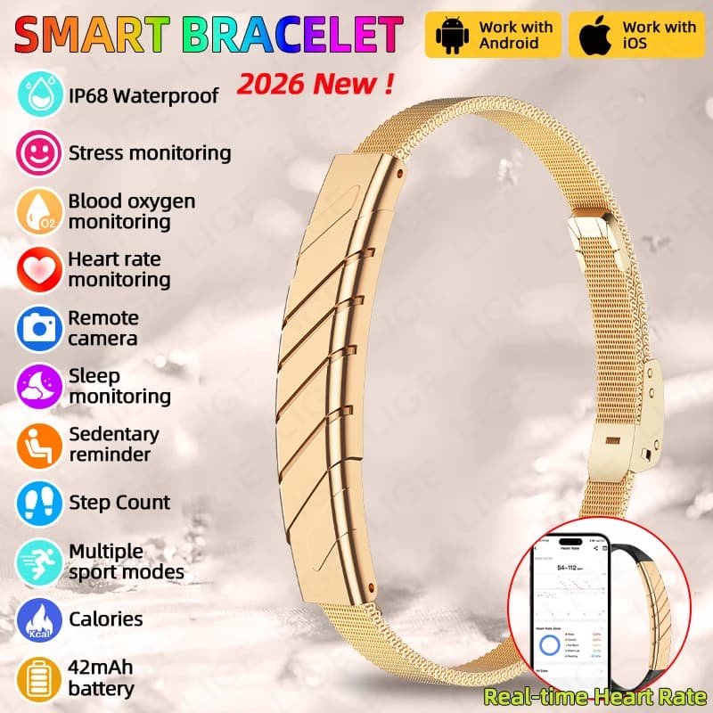 LIGE 2026 Braccialetto Smart Sportivo Ultra Sottile Senza Schermo, Monitoraggio Frequenza Cardiaca, Ossigeno nel Sangue, Sonno, Contapassi, Smartwatch Impermeabile