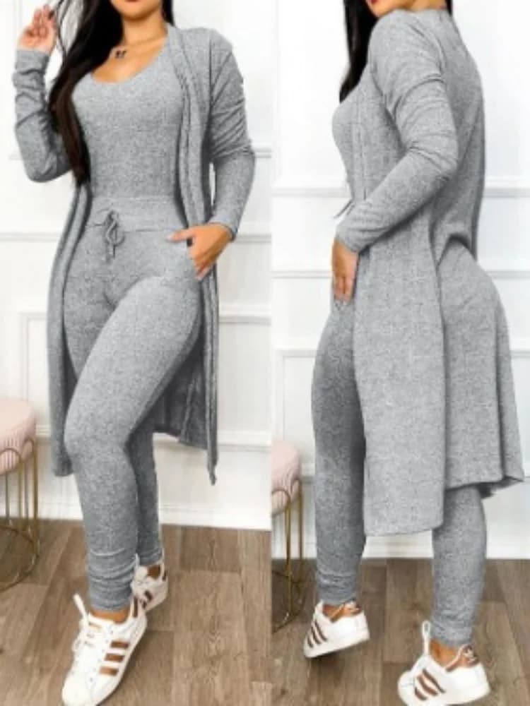 Women Cardigan 2 Piece Outfit Set Jumpsuit and Long Cardigan Solid Color Casual Street Wear Sports Outfit Loungewear Tracksuit