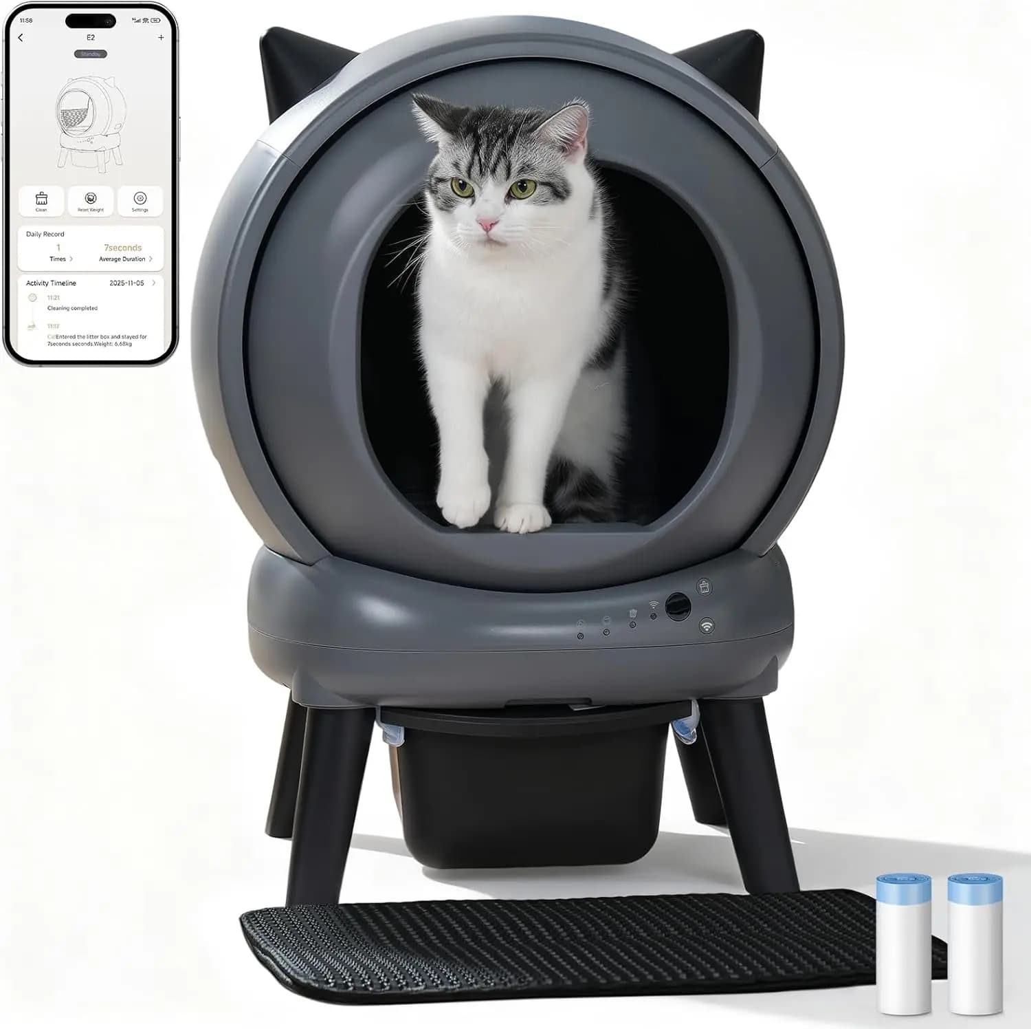 Lettiera autopulente per gatti multipli, lettiera intelligente per gatti con controllo tramite app, monitoraggio della salute, controllo degli odori, motore silenzioso, 6