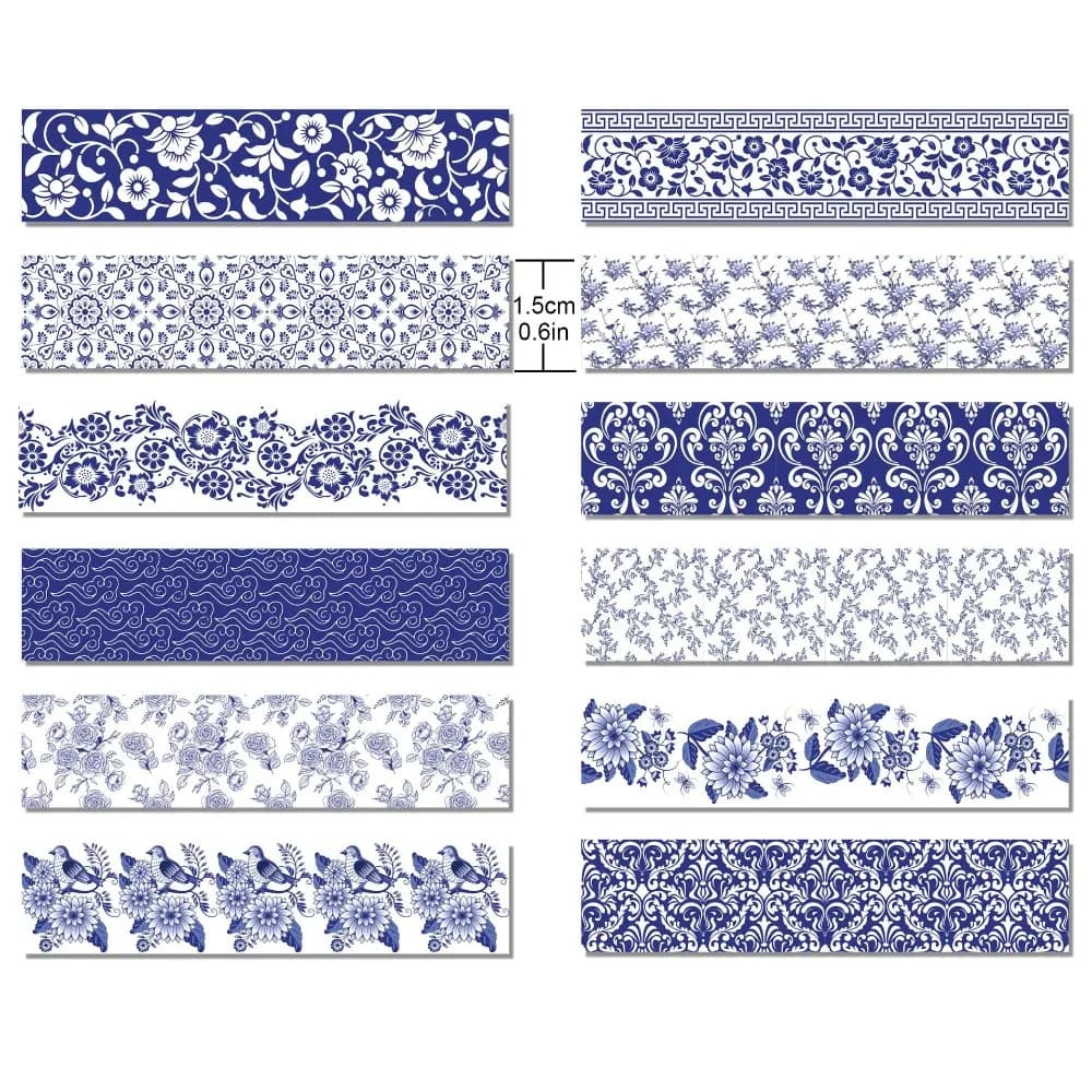 12 Roll/Set 1.5cm Wide Washi Tape Chinoiserie Design Adhesive Masking Tape Blue and White Porcelain Stationary Scrapbooking Tape
