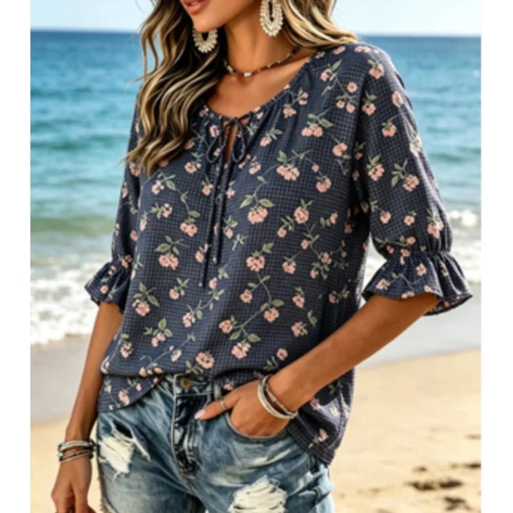 Women's Gingham Floral Print Tie Neck Blouse, Ruffle Half Sleeve Cozy Casual Top for Countryside Summer Daily Wear