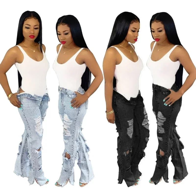 Jeans da donna Pantaloni con foro effetto consumato Tasche sexy a vita alta Bottoni Pantaloni a figura intera Pantaloni in denim vintage Cavi dritti