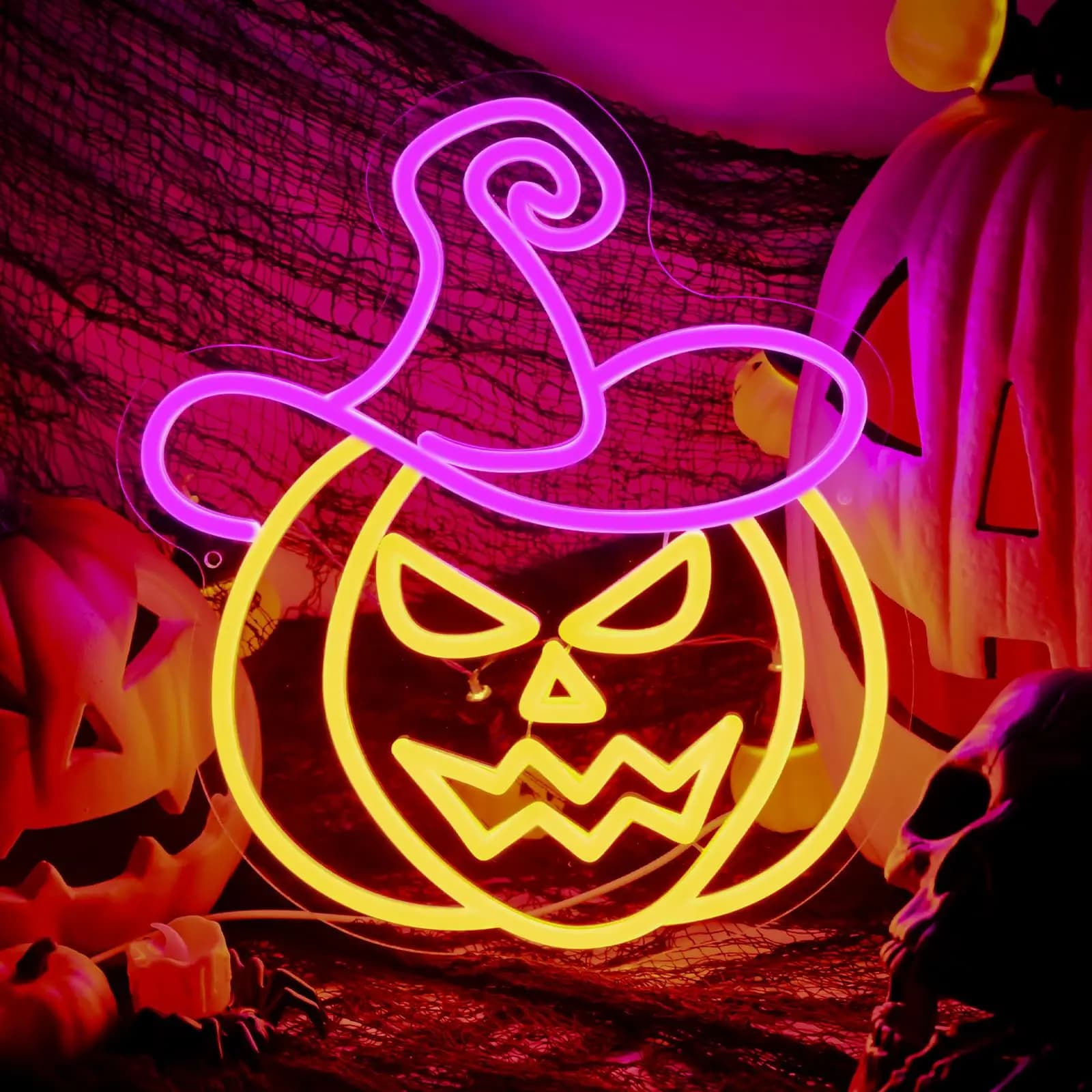 Insegna al neon con zucca di Halloween Cappello da mago Insegna illuminata al neon con zucca per la festa di Halloween D Zucca Dolcetto o scherzetto Festa spettrale sul retro