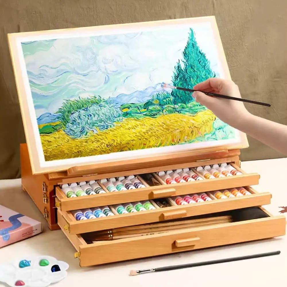 Adjustable Beech Wooden Table Easel Professional Multifunction Art Painting Easel Box Folding Oil Paint Sketch Drawer Box Travel