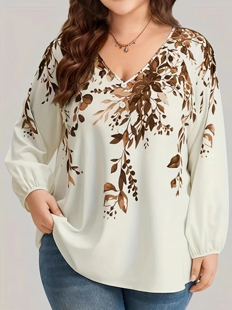 1XL-5XL Plus Size Autumn Spring Fashion Elegant Print Shirt Blouse V-Neck 3XL 4XL Big Size Women Long Sleeve T-shirt Tops