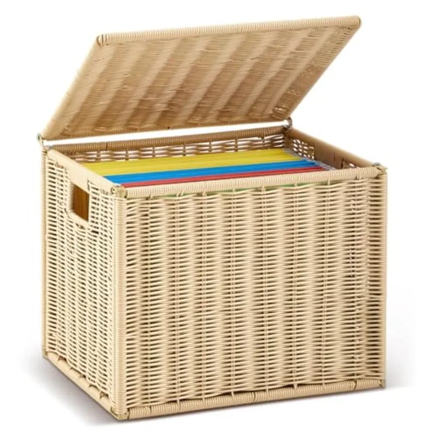 Cesto Portadocumenti in Vimini per Appendere Cartelle, Scatole Decorative per Documenti con Coperchio, Contenitore Pieghevole Stile Rustico per Documenti Formato Letter