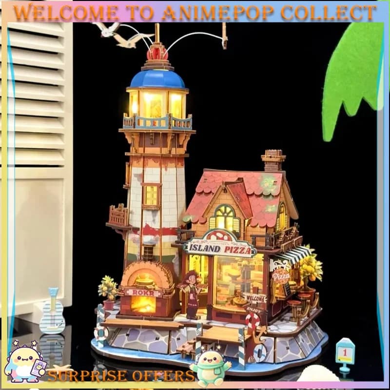 ROKR Island Pizza Shop DIY Wooden 3D Puzzle, LED & Music Box Model Kit, Handmade Birthday & Valentine Gift