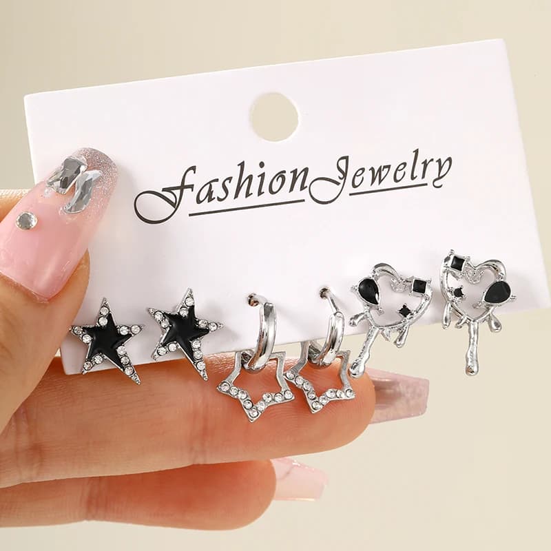 6pcs/Set Y2k Love Star Stud Earrings For Women Girl Vintage Irregular Zircon Bowknot Shiny Earrings Set Punk Trendy Jewelry Gift