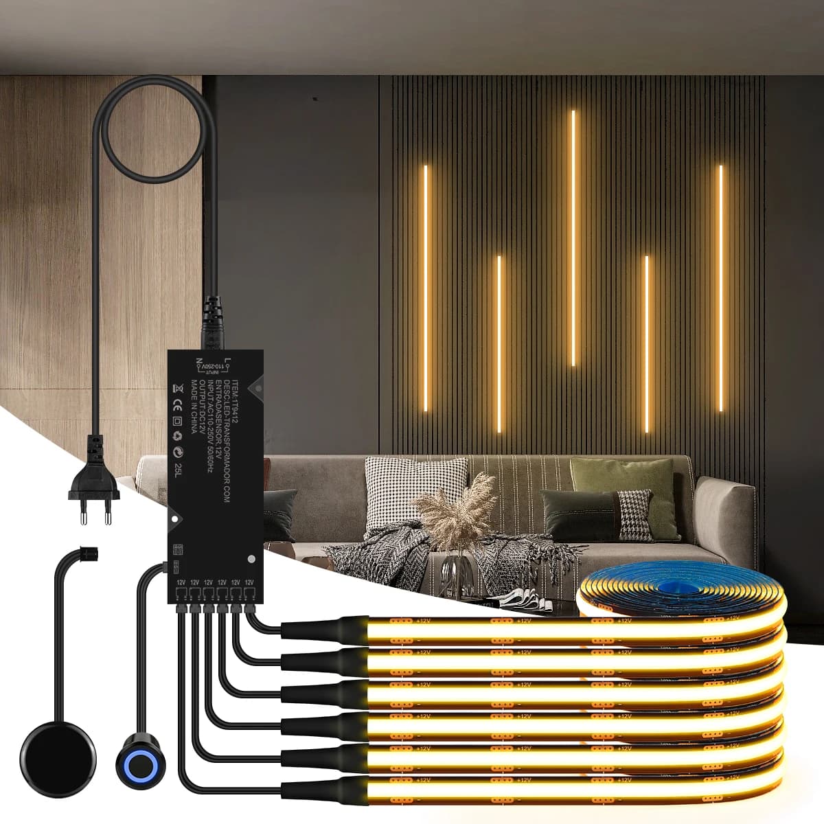 Striscia luminosa a LED da incasso e a parete 2 in 1 con controllo touch, nastro COB nero nascosto per scaffali e armadi, 1 controller in omaggio