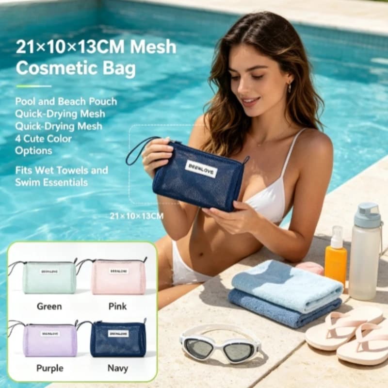 New Fashion Mesh Beach Swim Bag, Portable Toiletry Storage Pouch for Goggles & Bath Supplies, Inner Organizer Bag