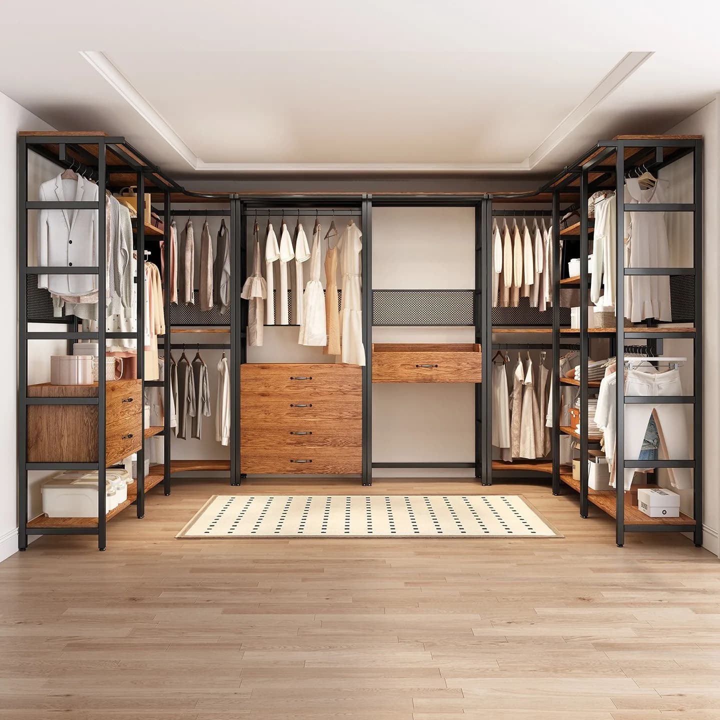 Open wardrobe side walk-in cloakroom storage combination clothes rack hanger floor-to-ceiling bedroom metal