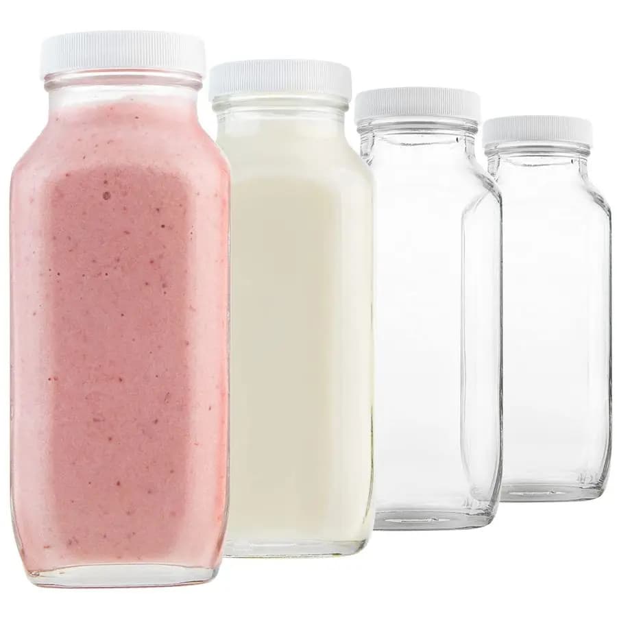 Bottiglie di vetro quadrate da 16oz per latte con coperchi in plastica ermetici, confezione da 4, contenitori riutilizzabili per latte per frigorifero e porta pranzo.