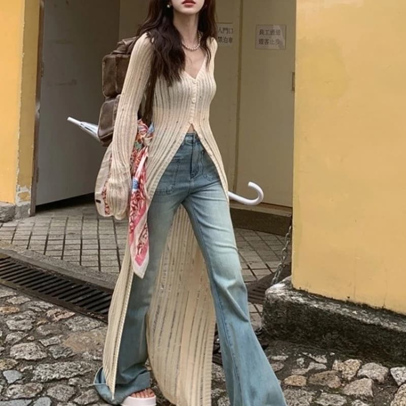 Cardigan lavorato a maglia con scollo a V Camicetta sottile cava lunga estiva da donna