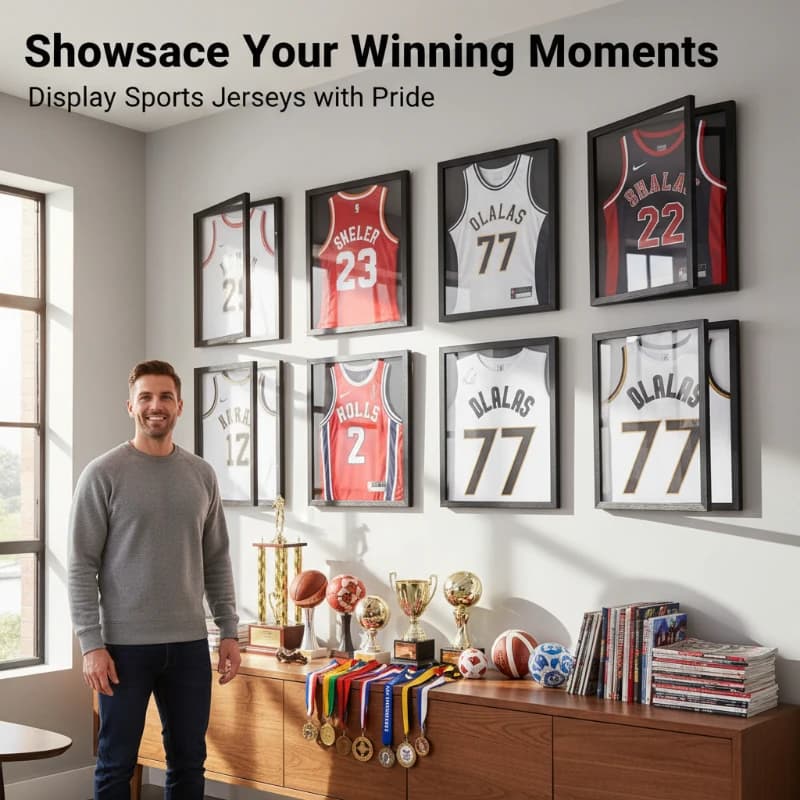 1 espositore da parete in legno per maglie sportive con sportello magnetico, ideale per la presentazione di maglie da calcio e basket