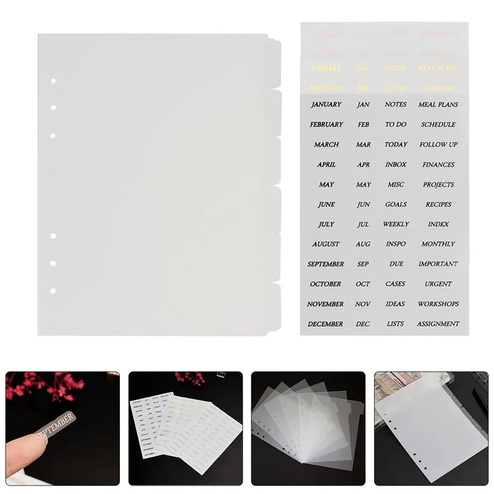 Set di Separatori Trasparenti A5 in PP con Indici e Adesivi Mensili, 6 Fori, Ricariche per Raccoglitori, Organizer per Quaderni, Separatori per Planner
