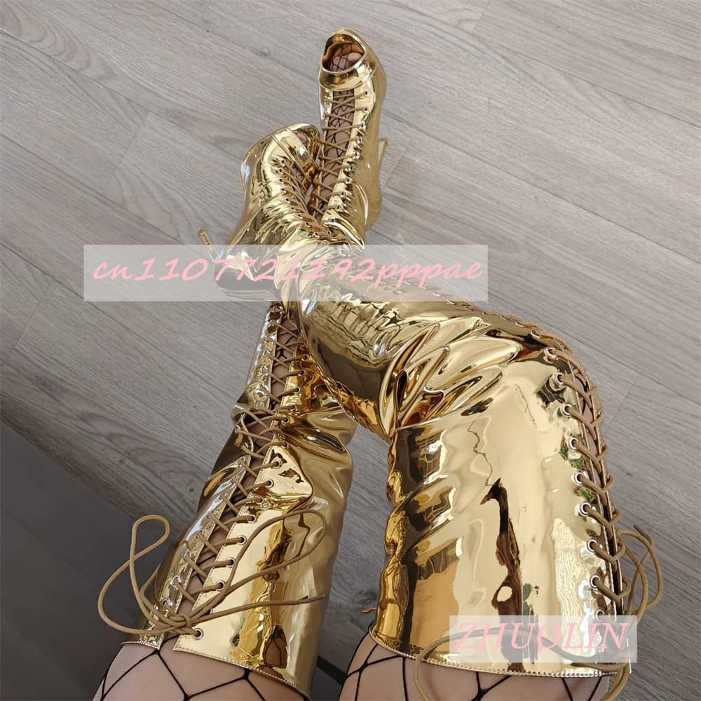 Sandali estivi con cinturino incrociato dorato Stivali da donna Open Toe Stiletto Stivali dritti con suola spessa Stivali sopra il ginocchio con tendenza sexy per feste