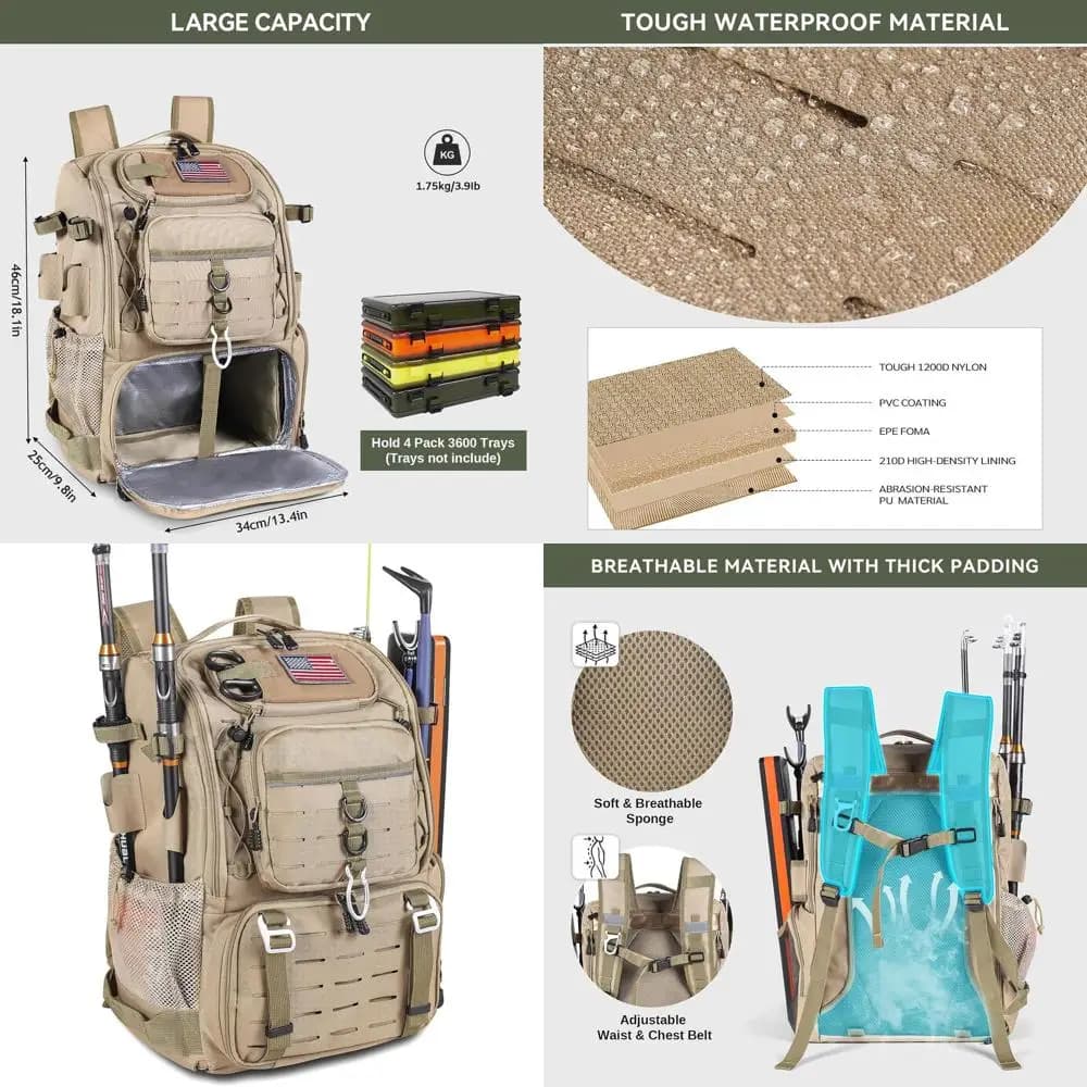 Zaino da pesca 39L con porta canne, borsa impermeabile, copertura protettiva, kaki