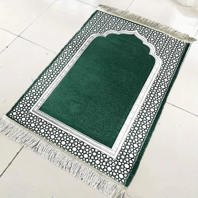 Tappeto da preghiera VIKAMA dal design elegante verde, spesso, antiscivolo, con nappe, perfetto per il culto domestico e la decorazione d'interni