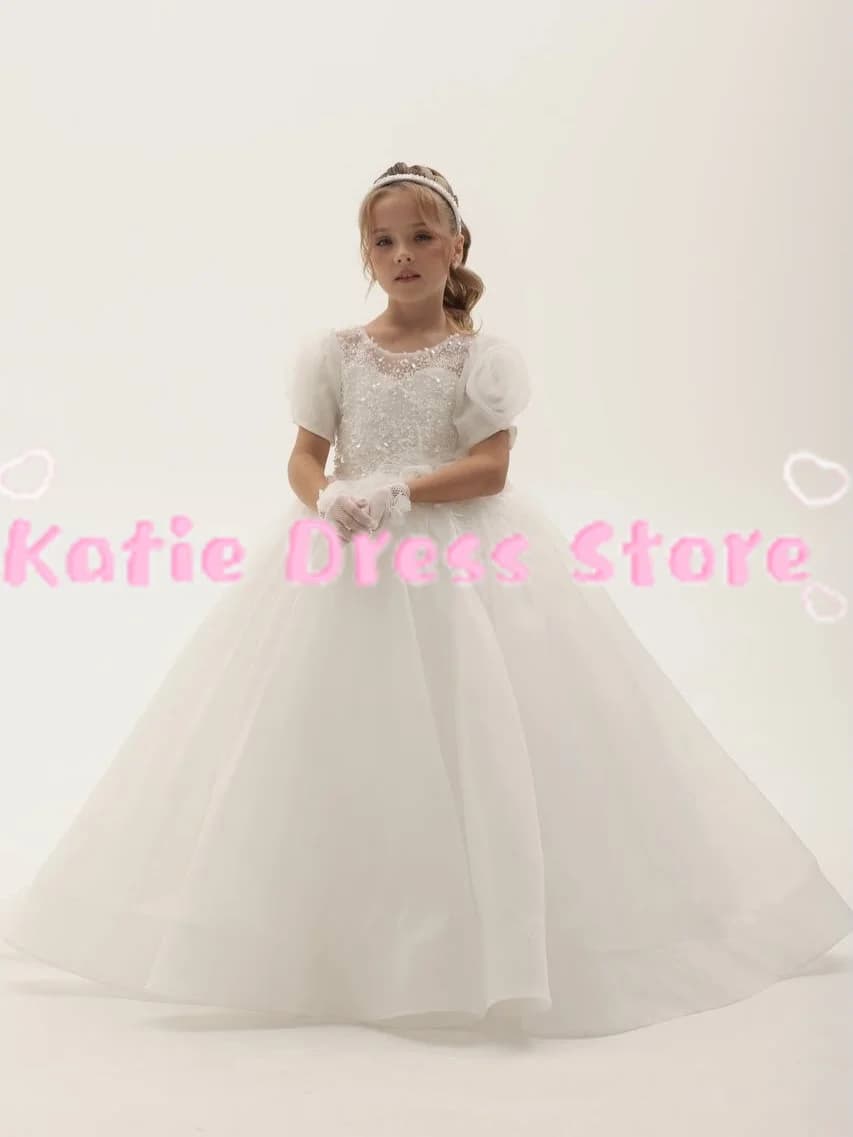Abito da damigella personalizzato in tulle bianco con paillettes, perle e gonna a balze, elegante per matrimoni, feste di compleanno per bambini, Prima Comunione e cerimonie.