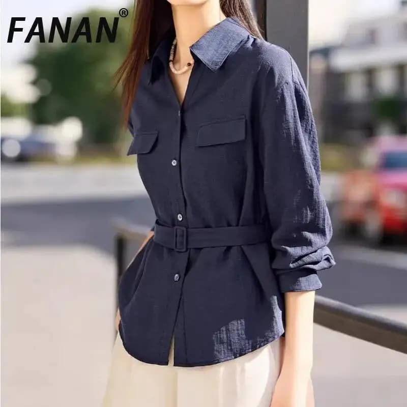 FANAN Elegant Belt Gathered Waist Ddark Blue V-Neck Pocket Long Sleeve Shirt For Women 2026 Summer New Simple Blouses Female