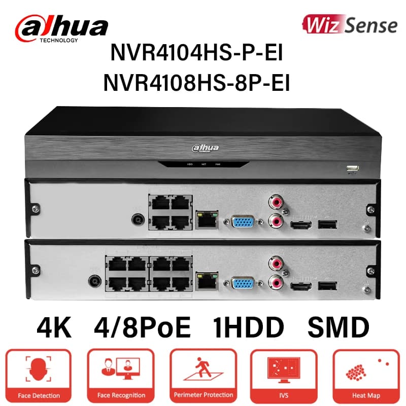 Dahua WizSense 4 8 PoE NVR Smart Ai Riconoscimento facciale Protezione perimetrale Videoregistratore H.265 4K NVR4104HS-P-EI NVR4108HS-8P-EI