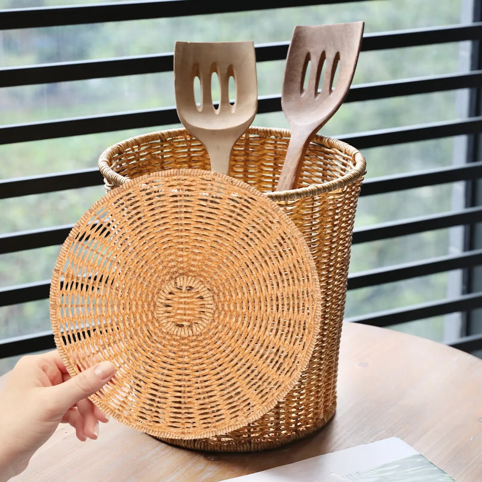 Coperchio di Ricambio Rotondo in Imitazione Rattan per Cestino dei Rifiuti, Accessorio per Organizzatore e Contenitore per Carta
