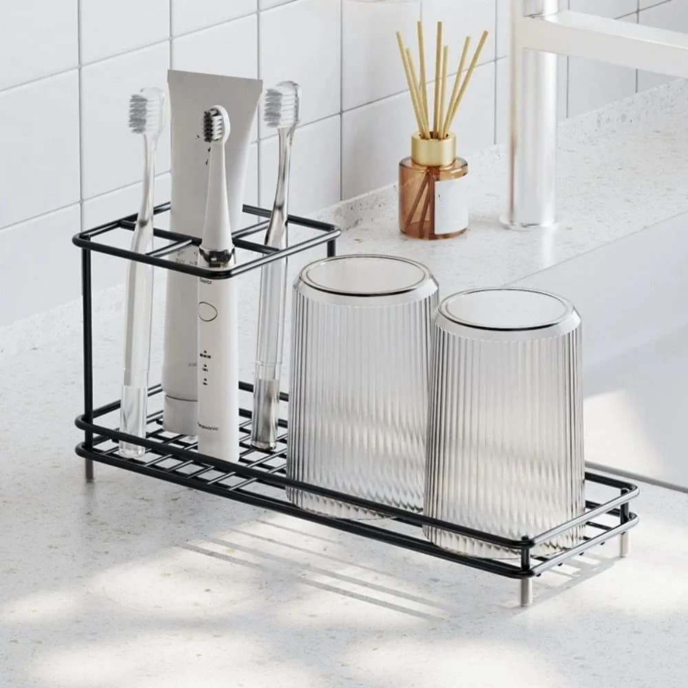 Portaspazzolini Multi-Scomparto in Acciaio al Carbonio Antiscivolo con Porta Dentifricio e Porta Bicchieri, Organizzatore Salvaspazio per Bagno e Scrivania