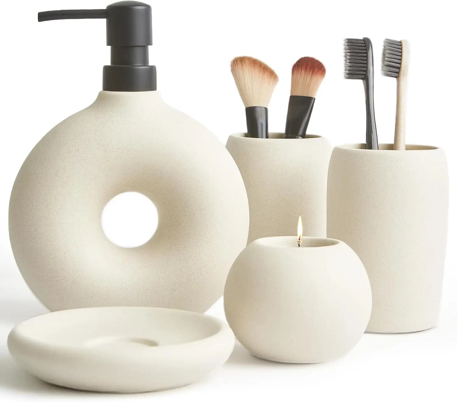 Set da Bagno in Ceramica 5 Pezzi: Dispenser Sapone, Portaspazzolino, Portaoggetti, Portasapone e Portacandele in Stile Boho Beige