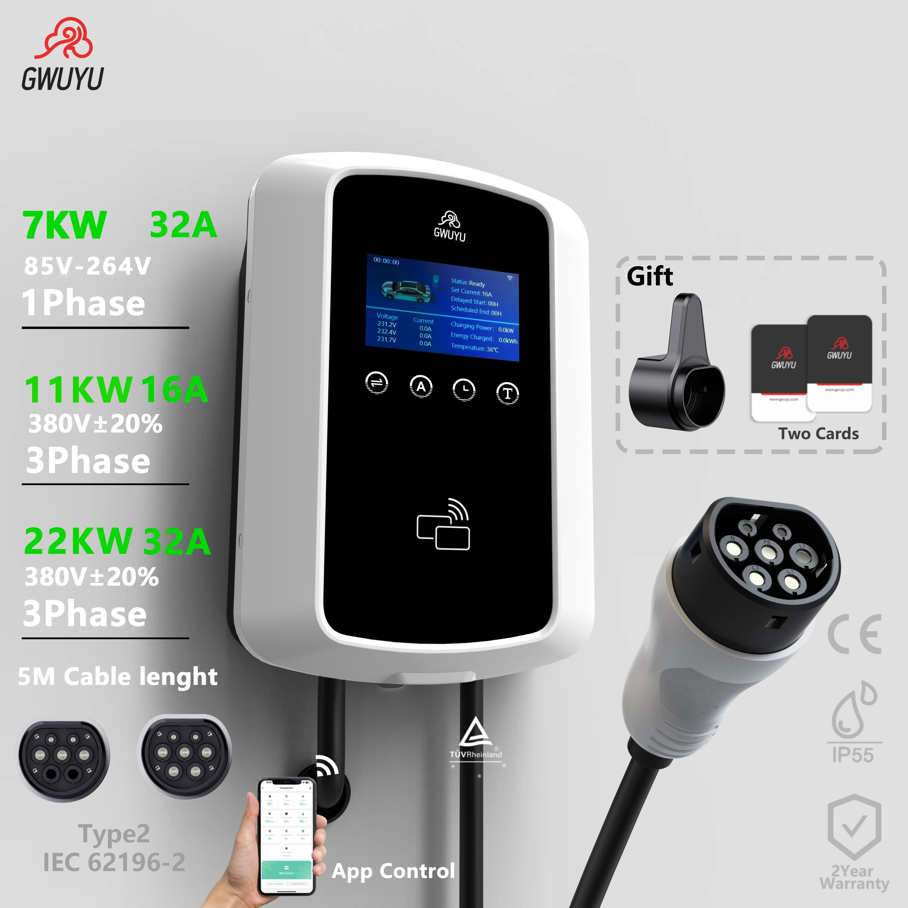 GWUYU Caricatore EV da Parete Tipo 2 7KW 11KW 22KW Standard EU, Stazione di Ricarica EV Intelligente con Controllo APP